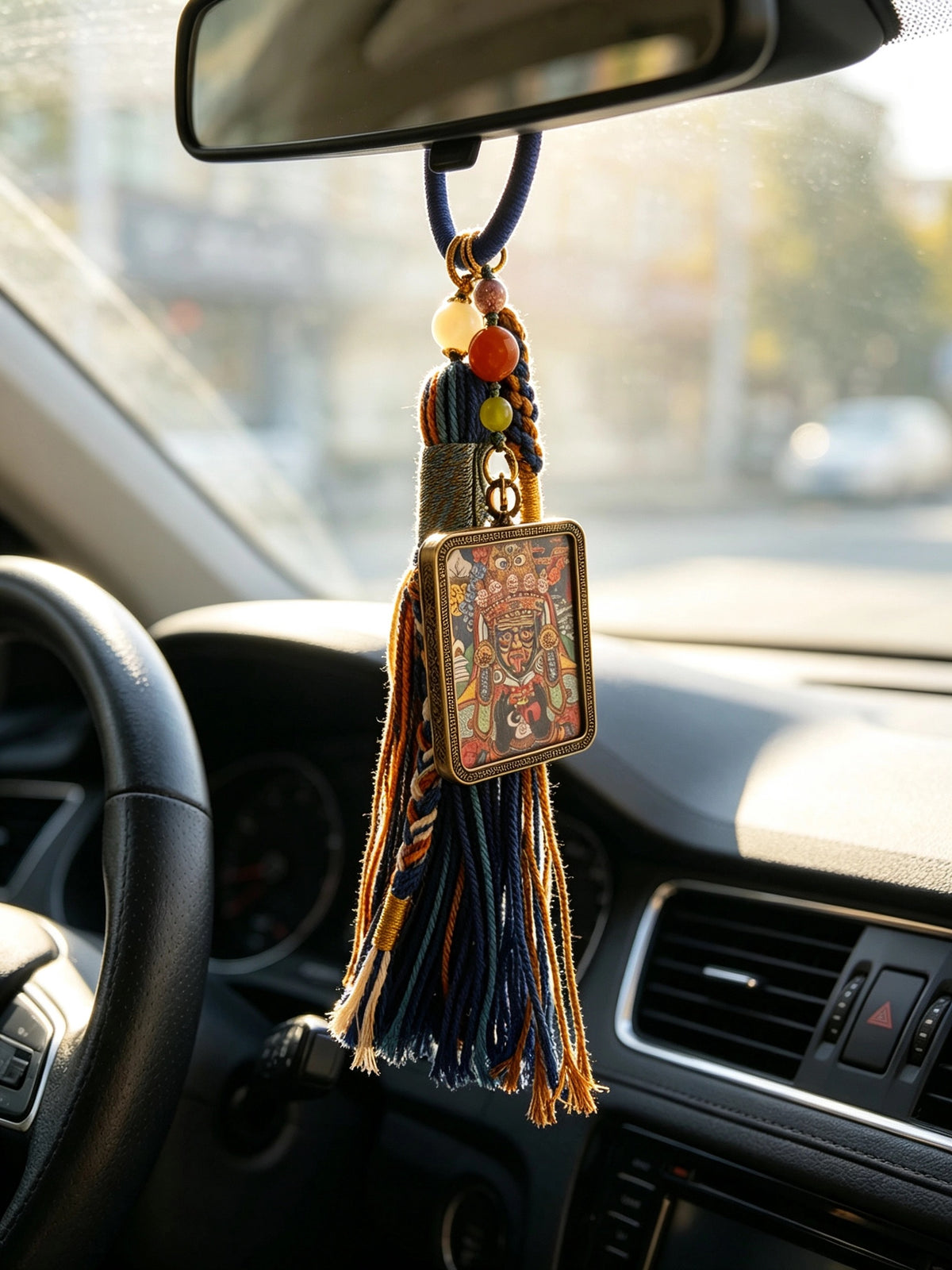 Zaki Lhamo Thangka Charm with Three-Eyed Dzi Bead Tassel in Deep Tibetan Blue