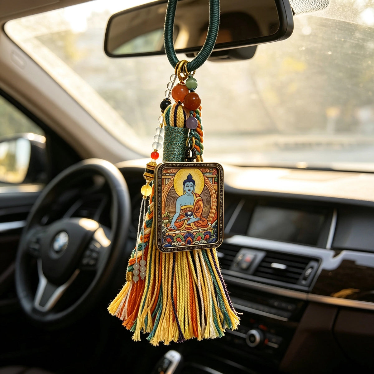 Medicine Buddha Thangka Charm with Prayer Wheel Tassel in Tibetan Green
