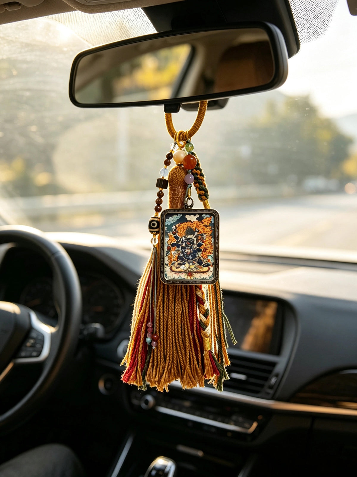 Mahakala Thangka Charm with Three-Eyed Agate Dzi Bead Tassel in Tibetan Brown