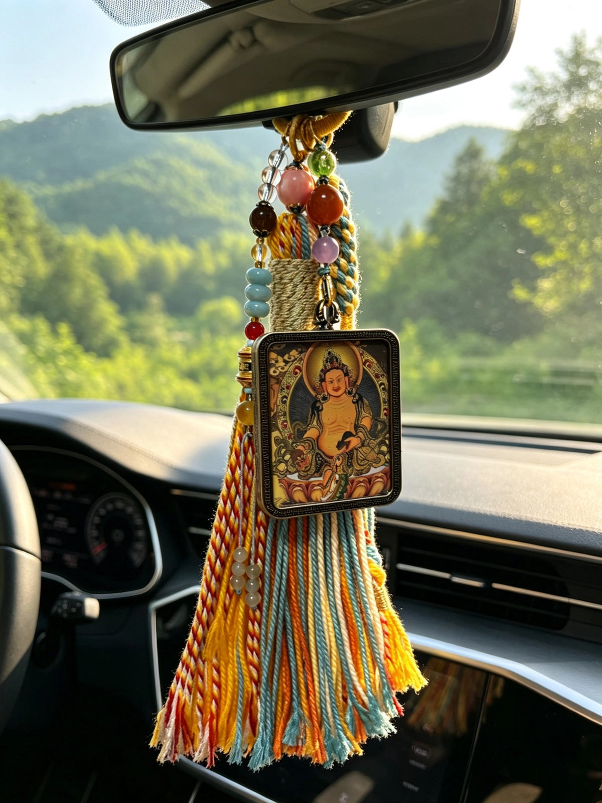 Yellow Jambhala Thangka Charm with Prayer Wheel Tassel in Tibetan Golden Yellow
