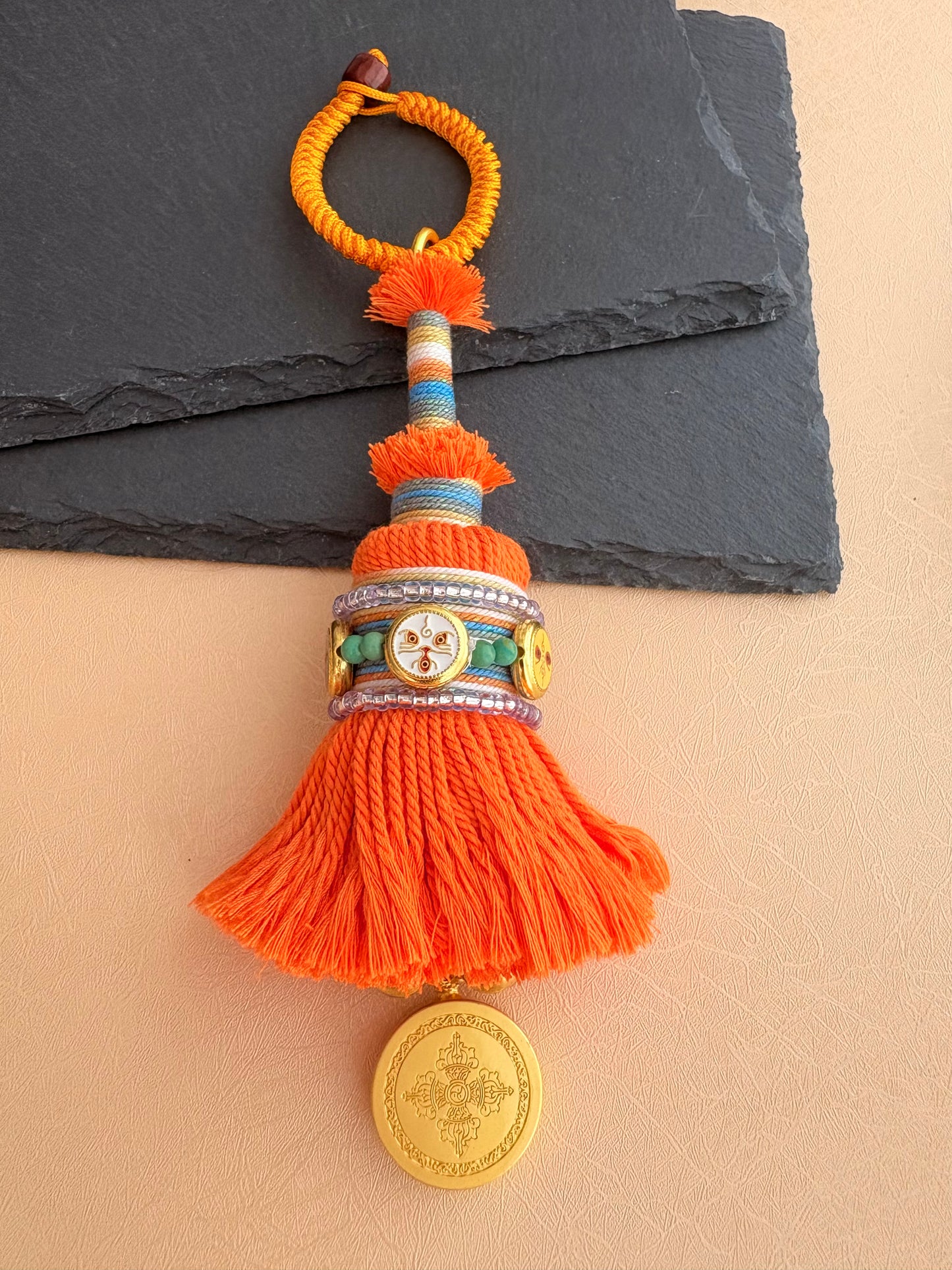 Ghanta Charm with White Tara Thangka in Tibetan Orange