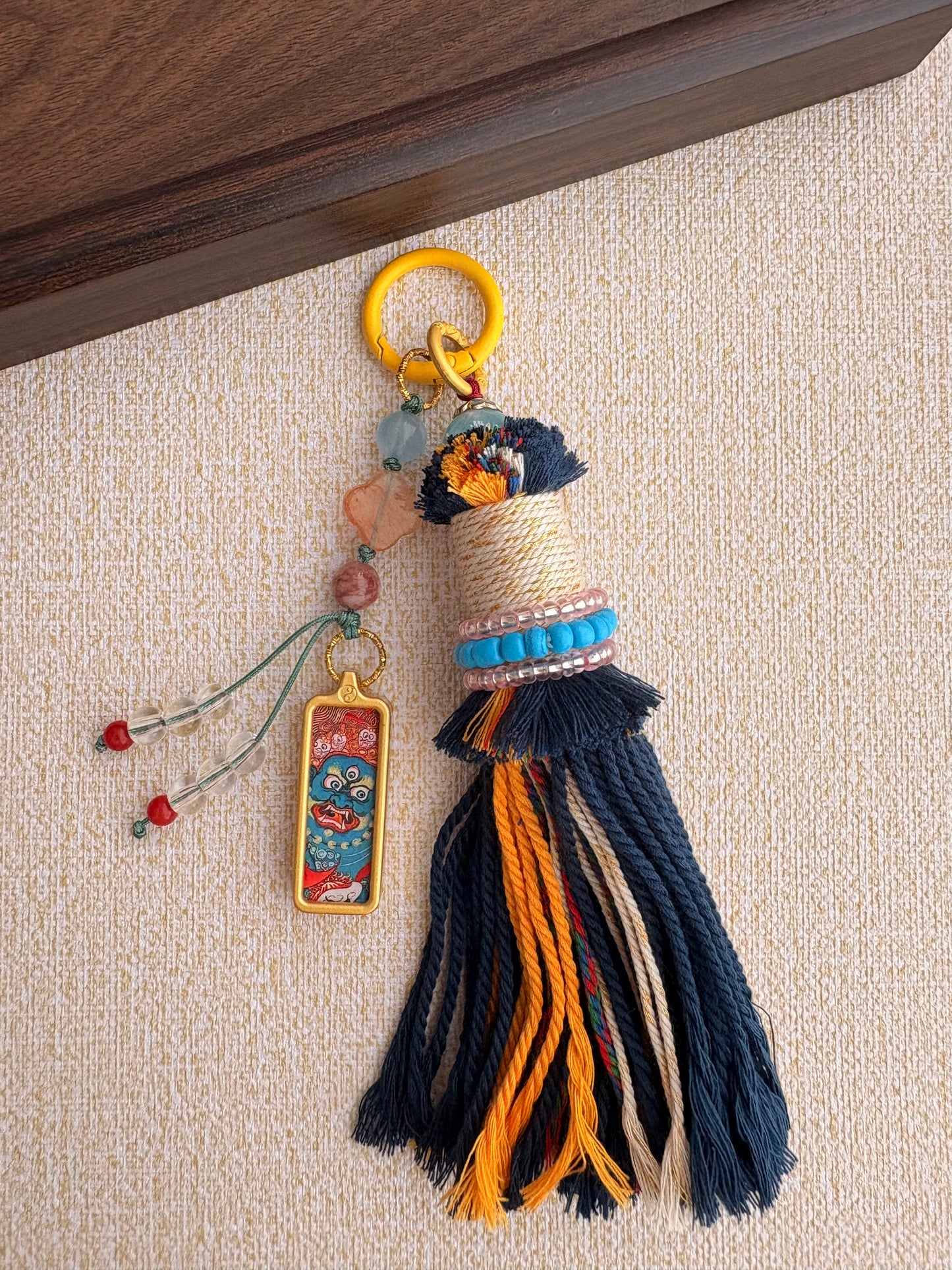 Small Victory Banner Charm with Mahakala Thangka Tassel in Tibetan Blue