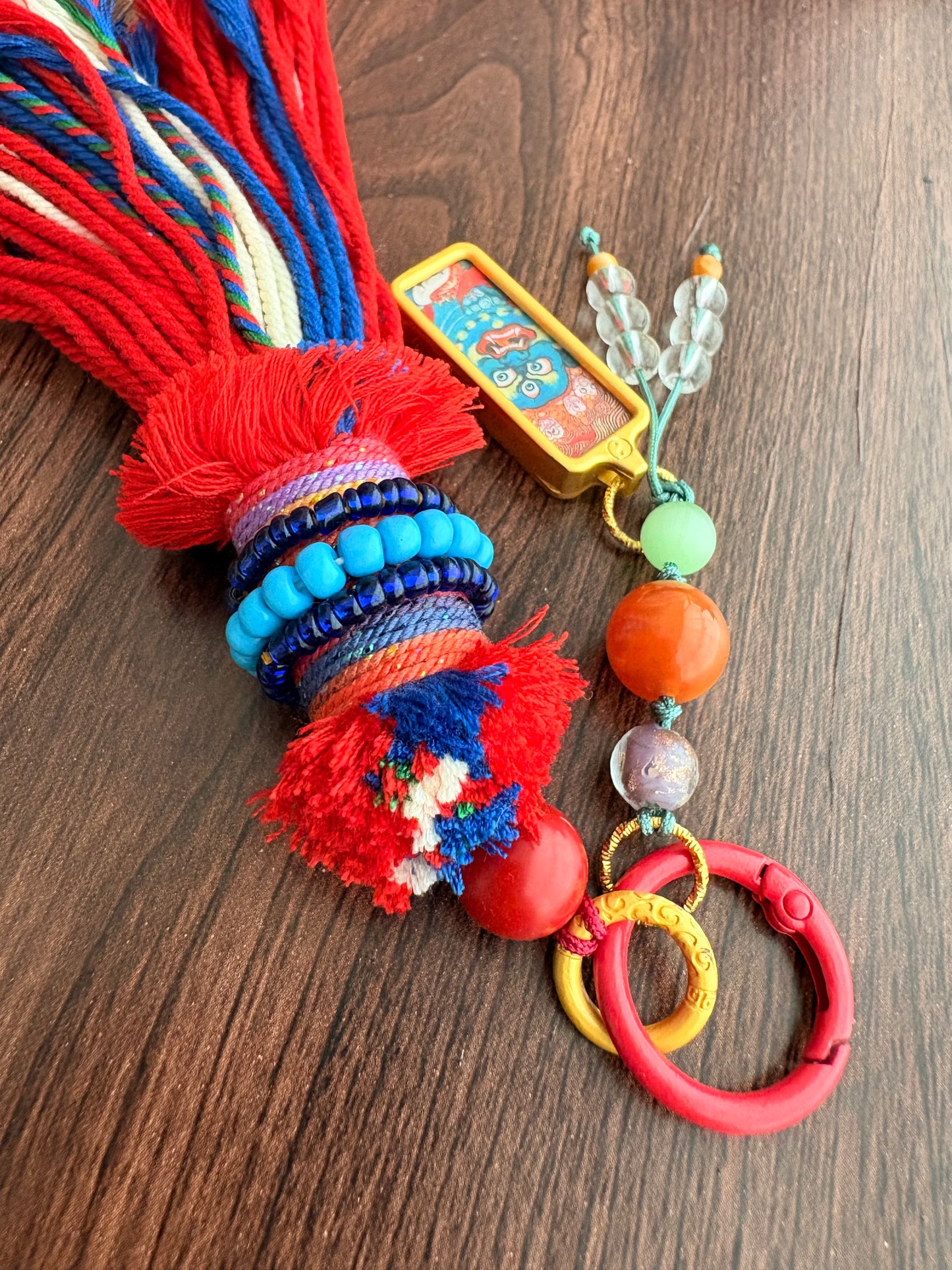 Small Victory Banner Charm with Mahakala Thangka Tassel in Tibetan Red