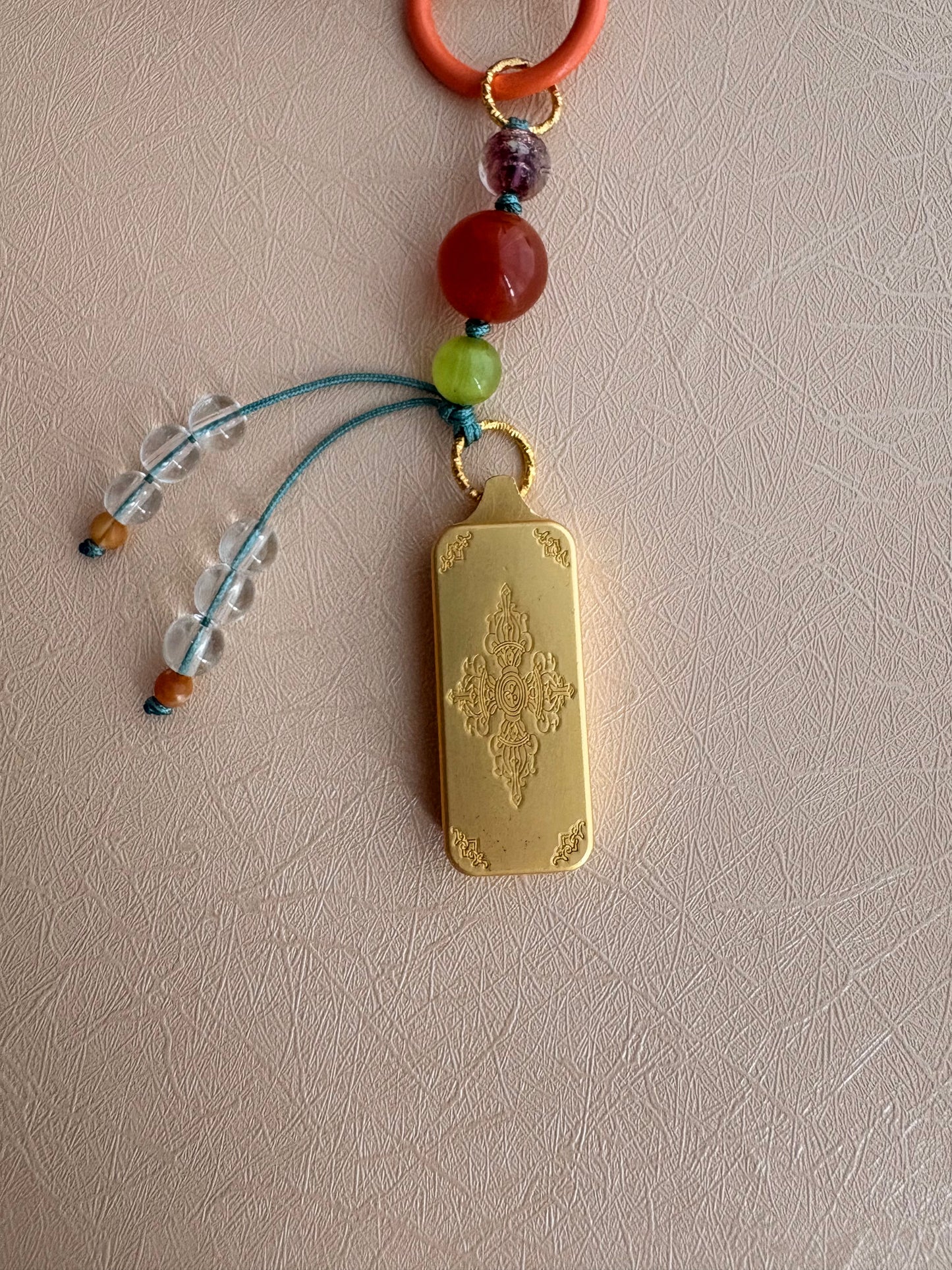 Small Victory Banner Charm with White Tara Thangka Tassel in Tibetan Orange