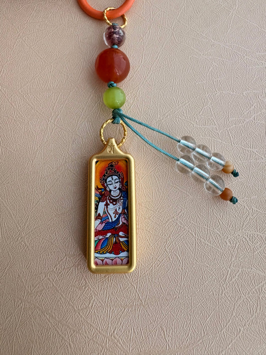 Small Victory Banner Charm with White Tara Thangka Tassel in Tibetan Orange