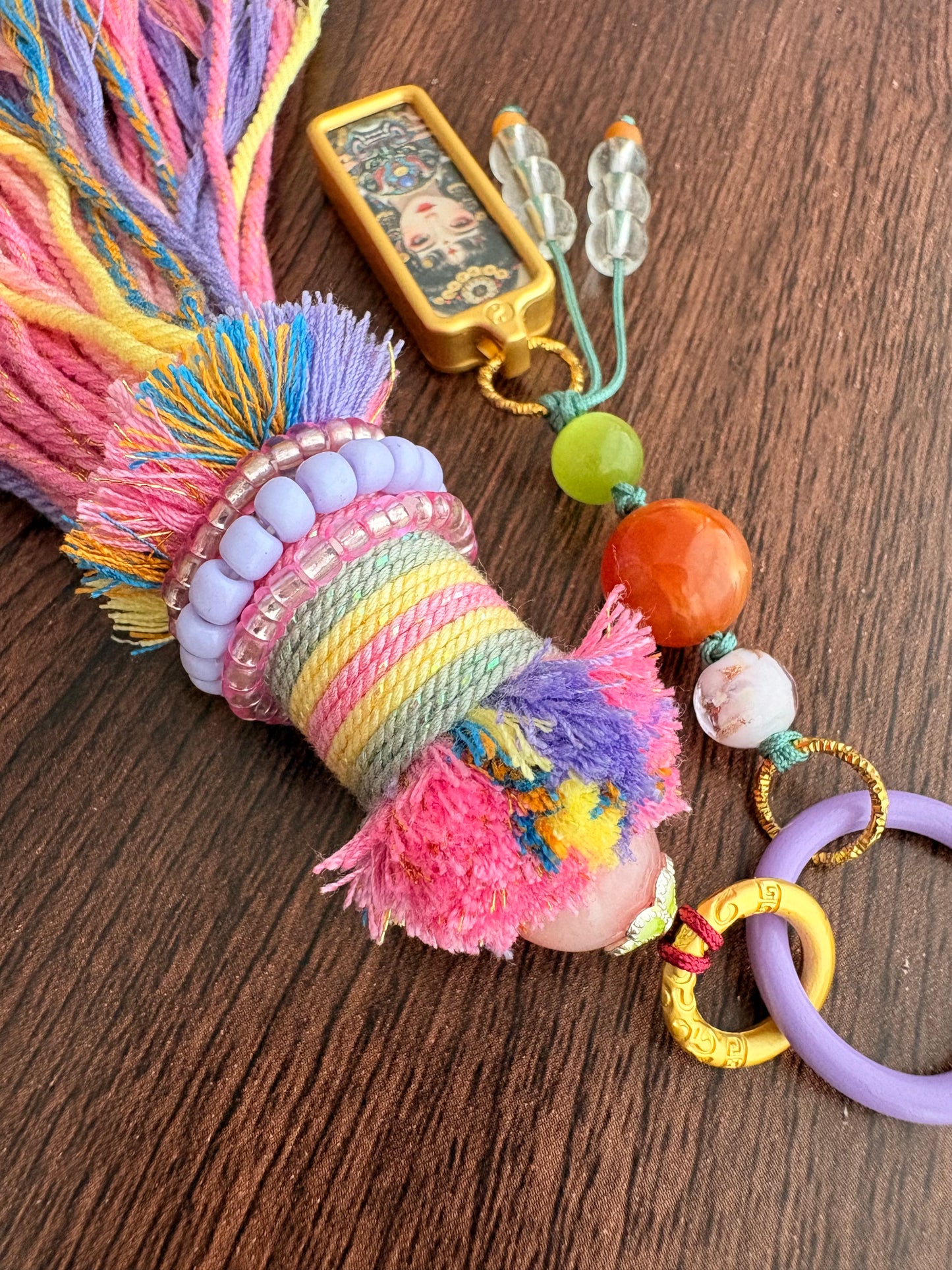 Small Victory Banner Charm with Zaki Lhamo Thangka Tassel in Tibetan Pink
