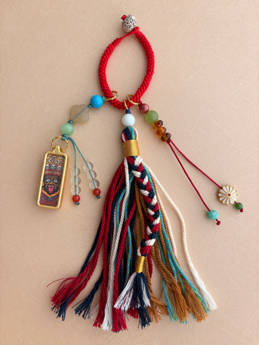 Small Zaki Lhamo Thangka Charm with Flower Tassel in Tibetan Red