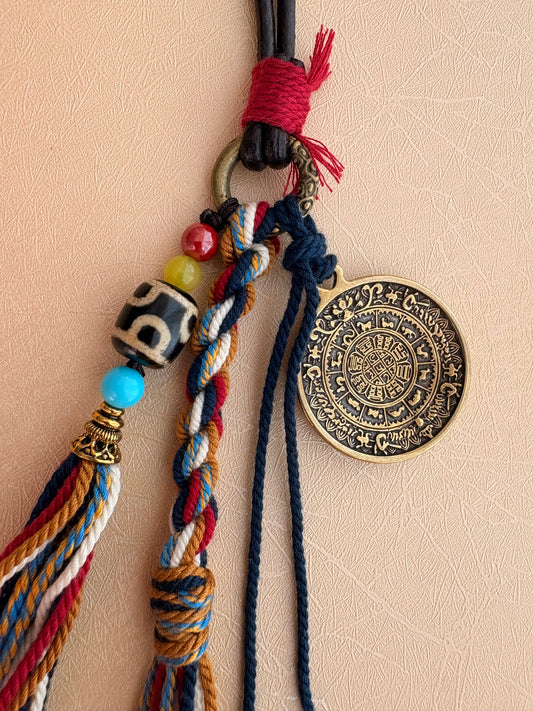 Tibetan Style Nine-Palace Bagua Amulet Charm with Dalo Agate Dzi Bead & Leather Cord