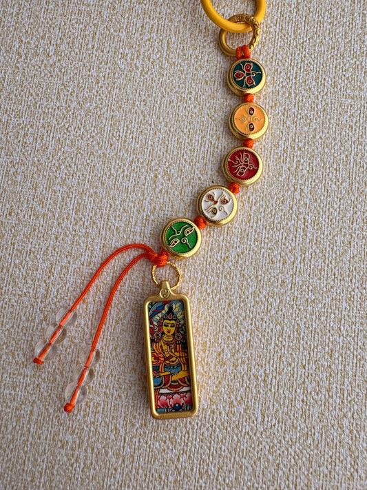 Victory Banner Charm with Manjushri Bodhisattva Thangka Tassel in Tibetan Red and Yellow