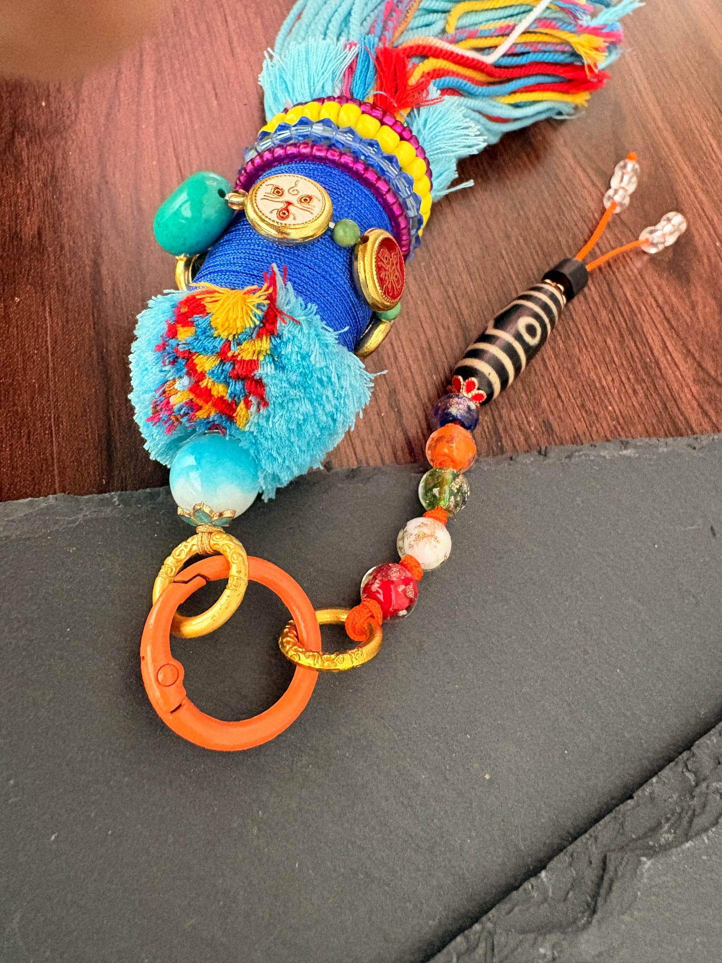 Victory Banner Charm with Three-Eyed Dzi Bead Tassel in Tibetan Blue