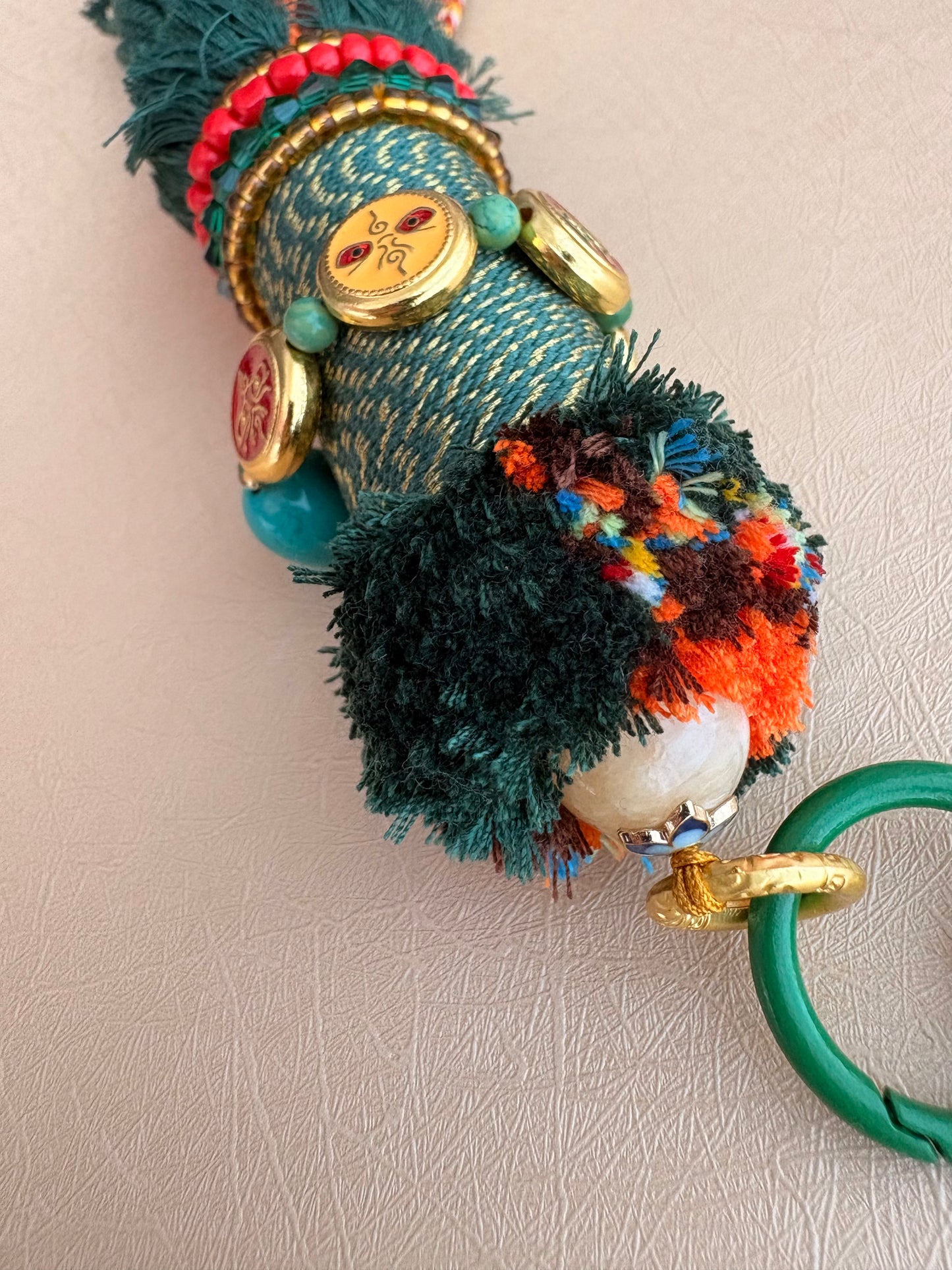 Victory Banner Charm with Three-Eyed Dzi Bead Tassel in Tibetan Green