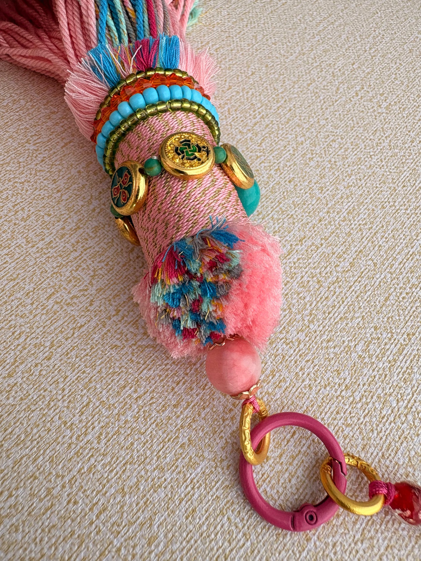 Victory Banner Charm with Three-Eyed Dzi Bead Tassel in Tibetan Pink