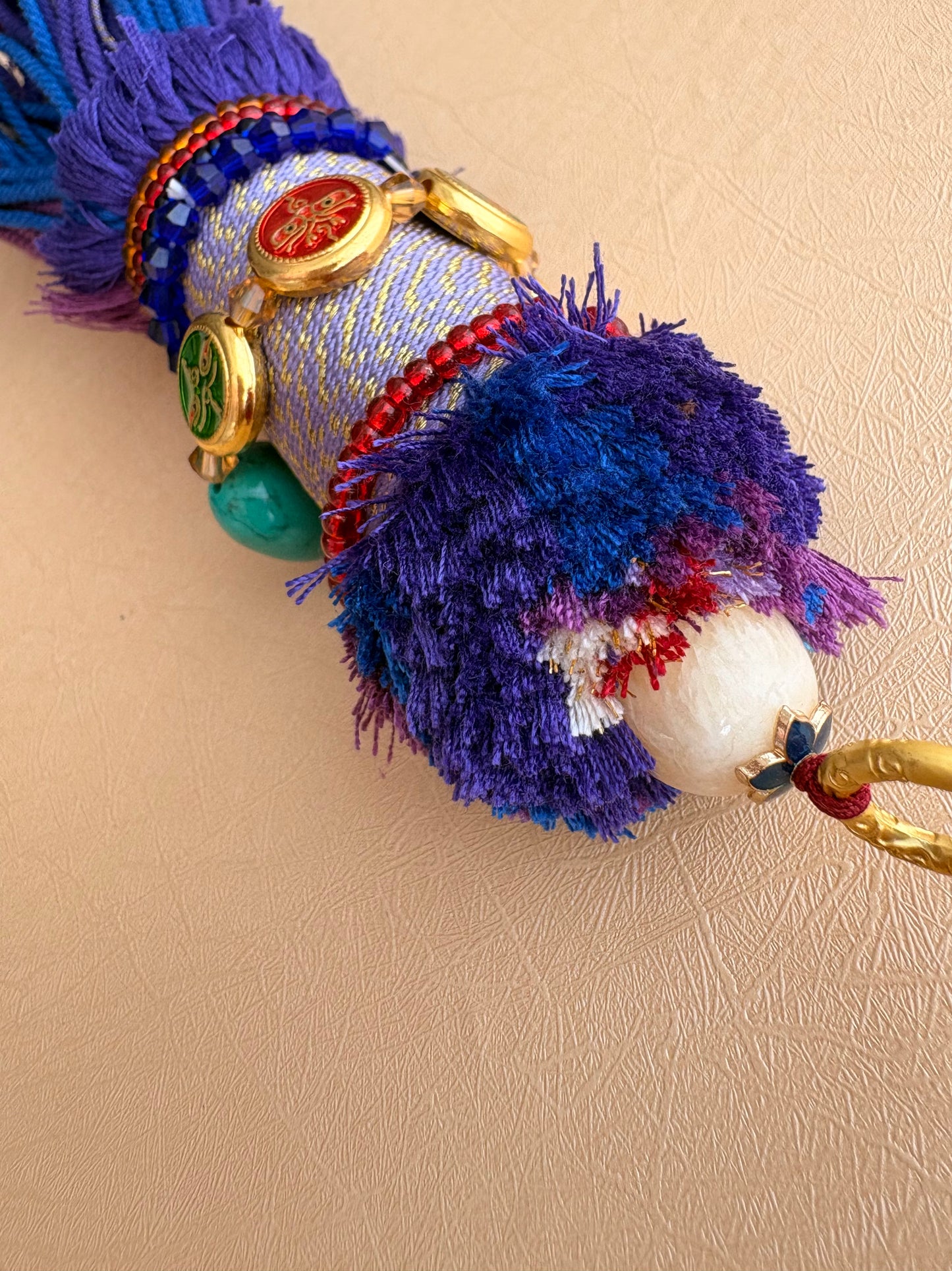 Victory Banner Charm with Three-Eyed Dzi Bead Tassel in Tibetan Purple