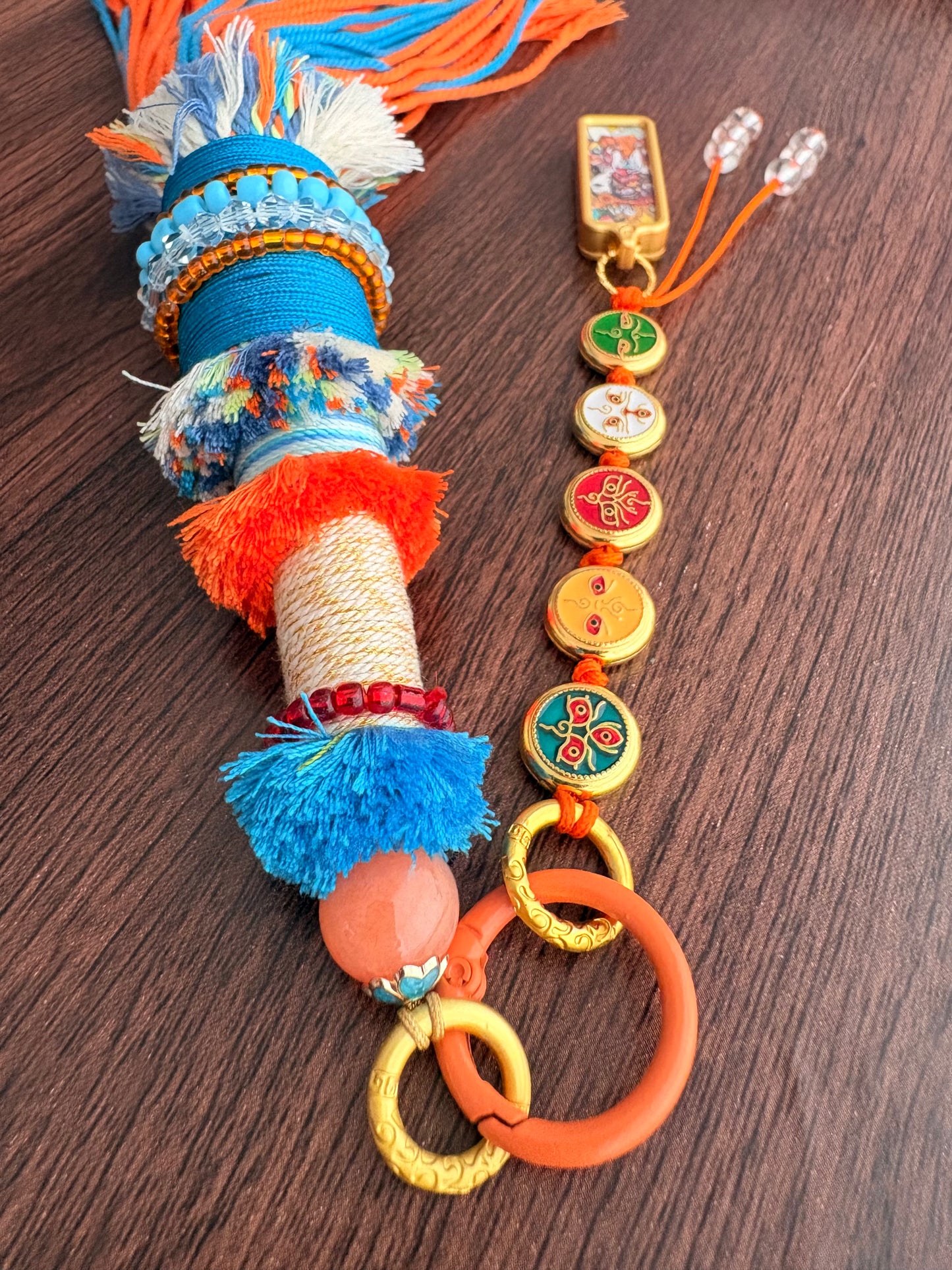 Victory Banner Charm with Zaki Lhamo Thangka Tassel in Tibetan Blue and Orange