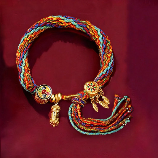 Tibetan Multi-Strand Colorful Bracelet with Prayer Wheel Charm