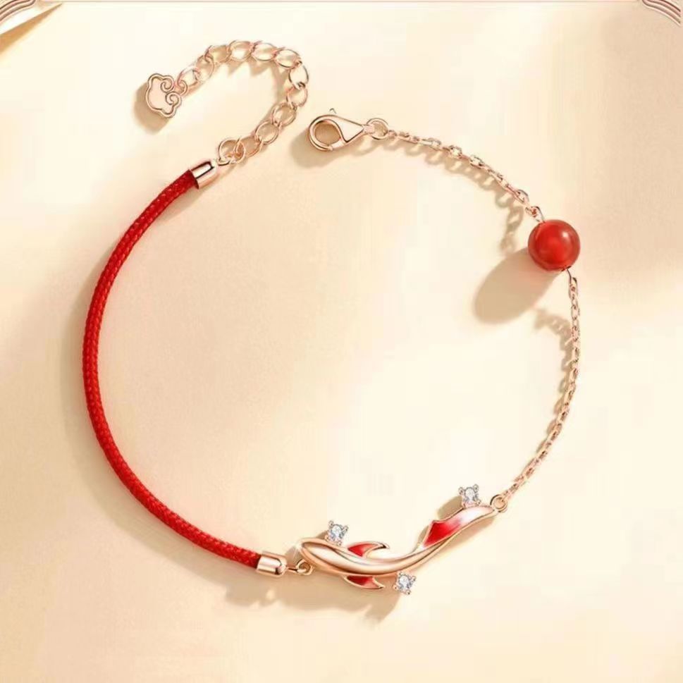 Koi Fish Bracelet with Red Cord & Agate Bead