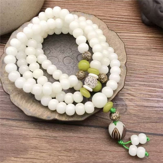 108-Bead White Bodhi Root Mala Bracelet with Multi Accent Beads and Carved Lotus Tail Charm