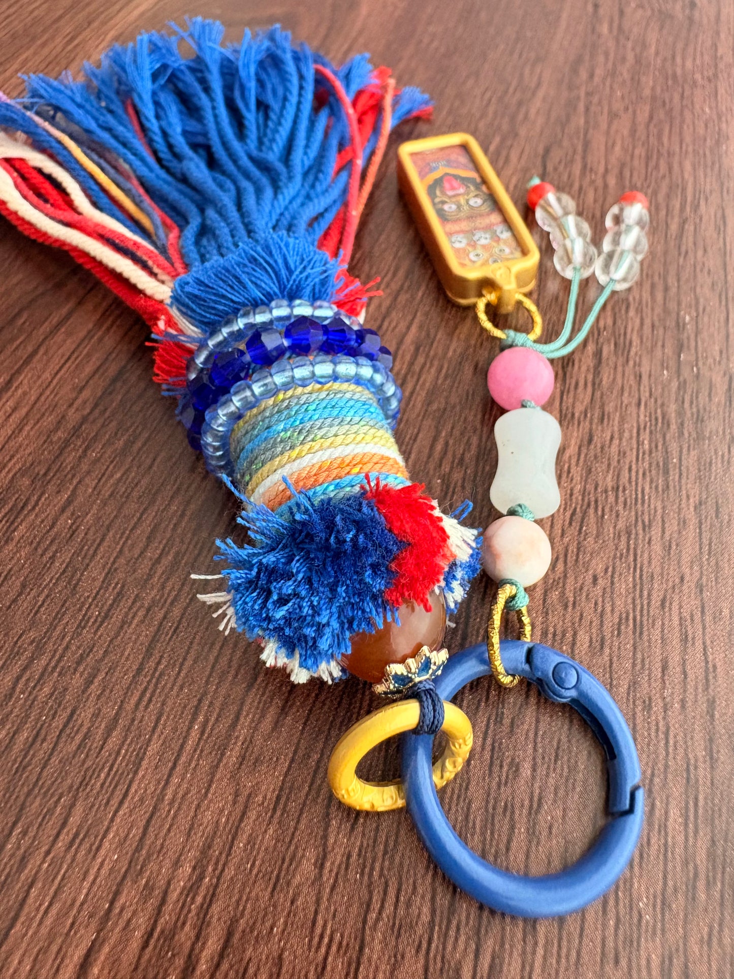 Small Victory Banner Charm with Zaki Lhamo Thangka Tassel in Tibetan Blue