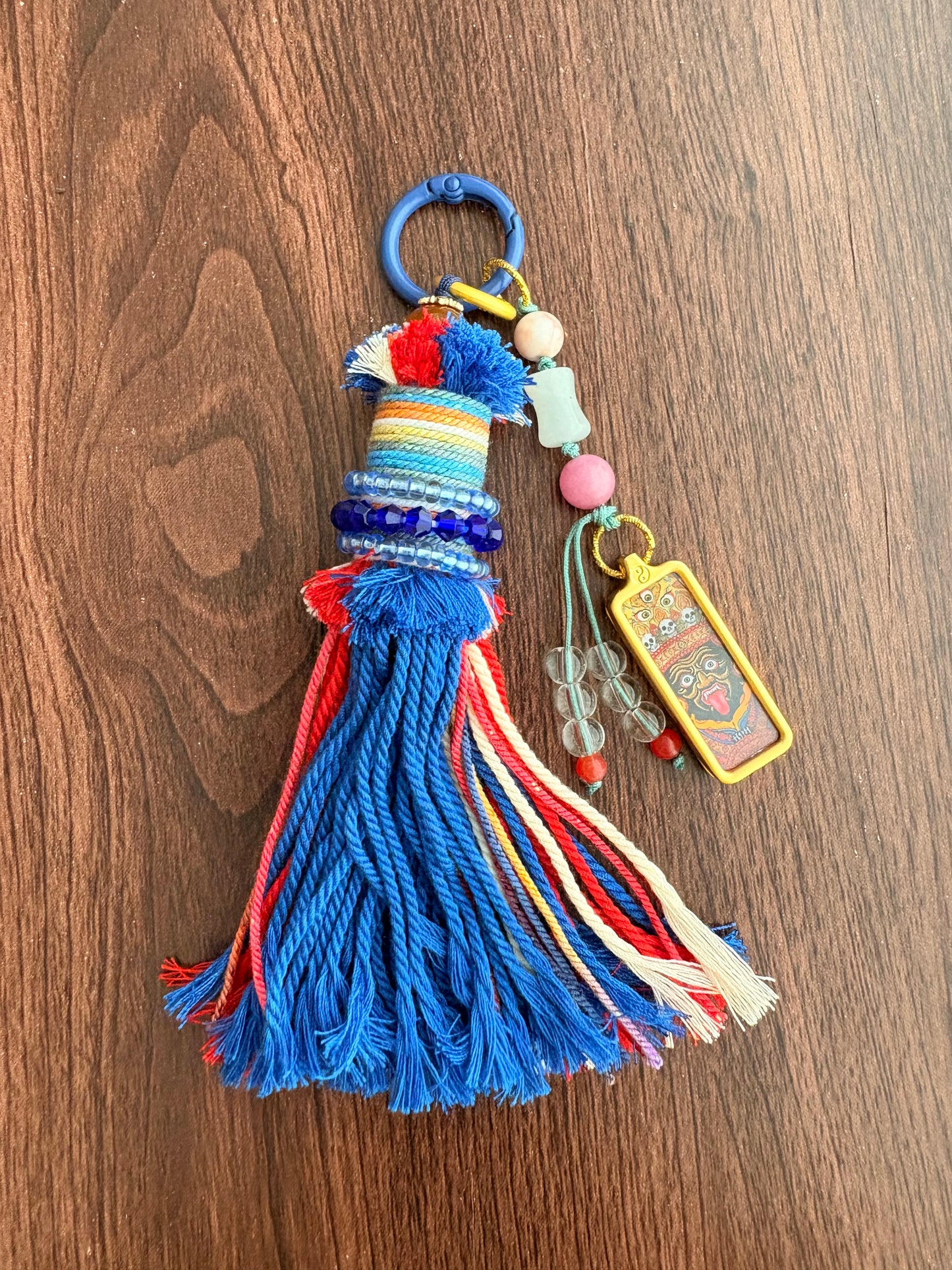 Small Victory Banner Charm with Zaki Lhamo Thangka Tassel in Tibetan Blue