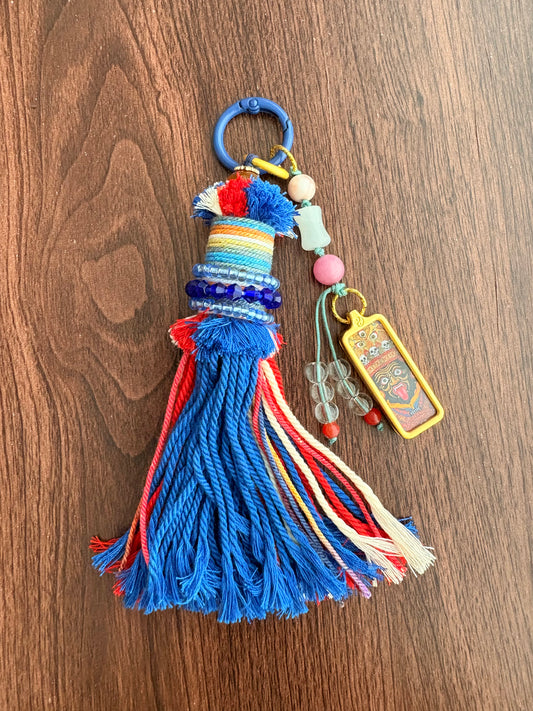Small Victory Banner Charm with Zaki Lhamo Thangka Tassel in Tibetan Blue
