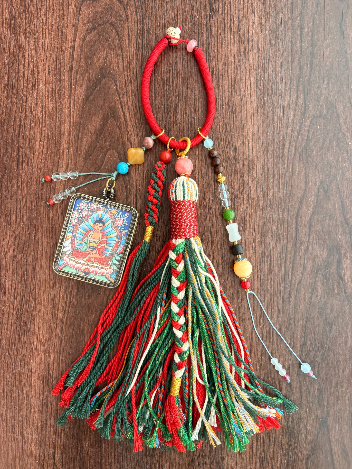 Amitabha Buddha Thangka Charm with jade Tassel in Tibetan Red and Green