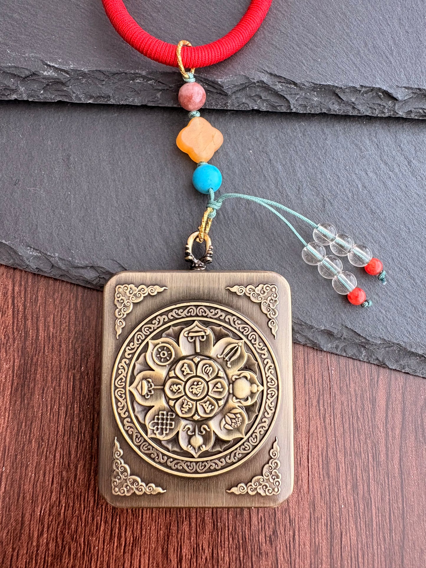 Amitabha Buddha Thangka Charm with jade Tassel in Tibetan Red and Green