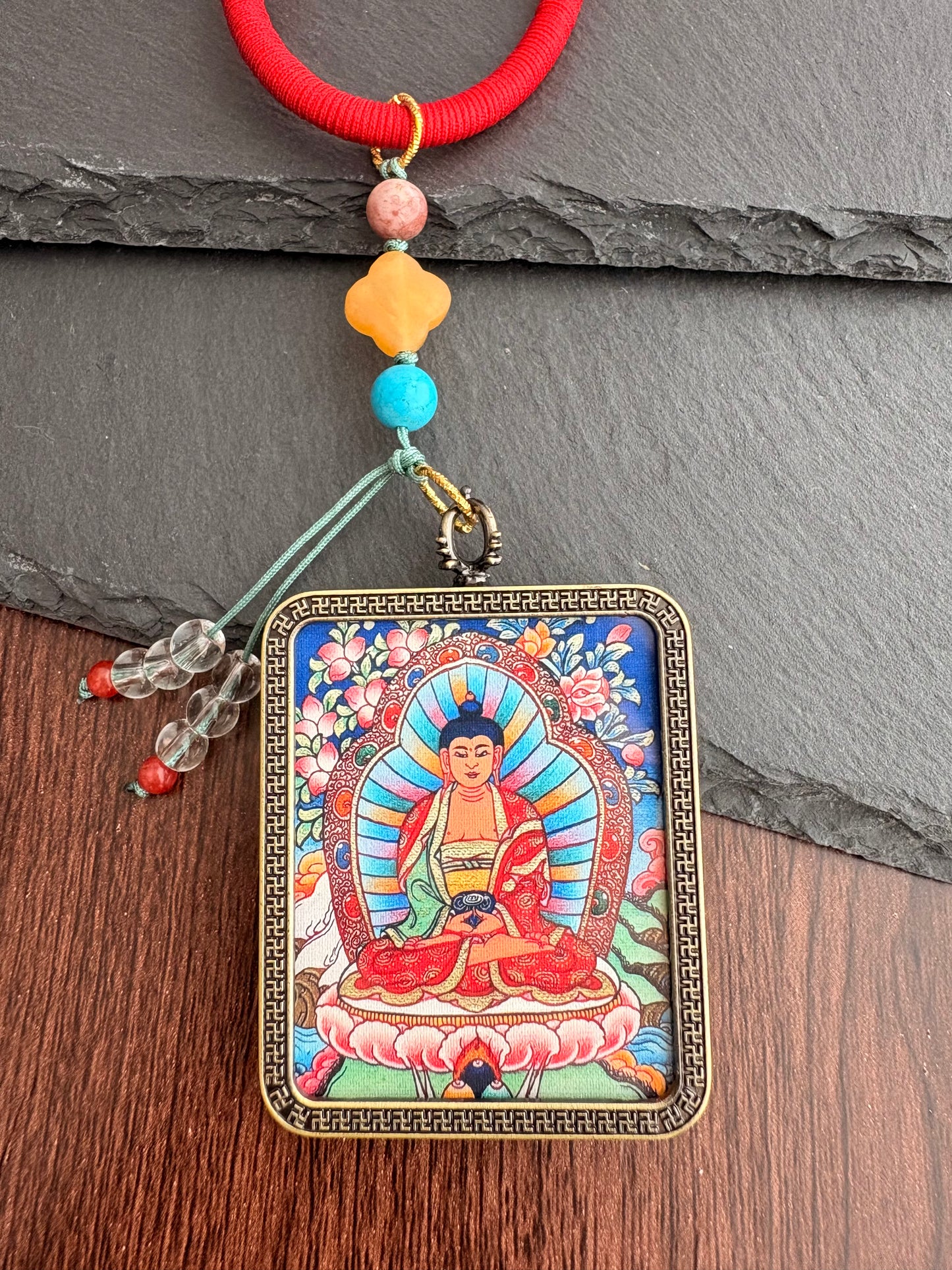 Amitabha Buddha Thangka Charm with jade Tassel in Tibetan Red and Green