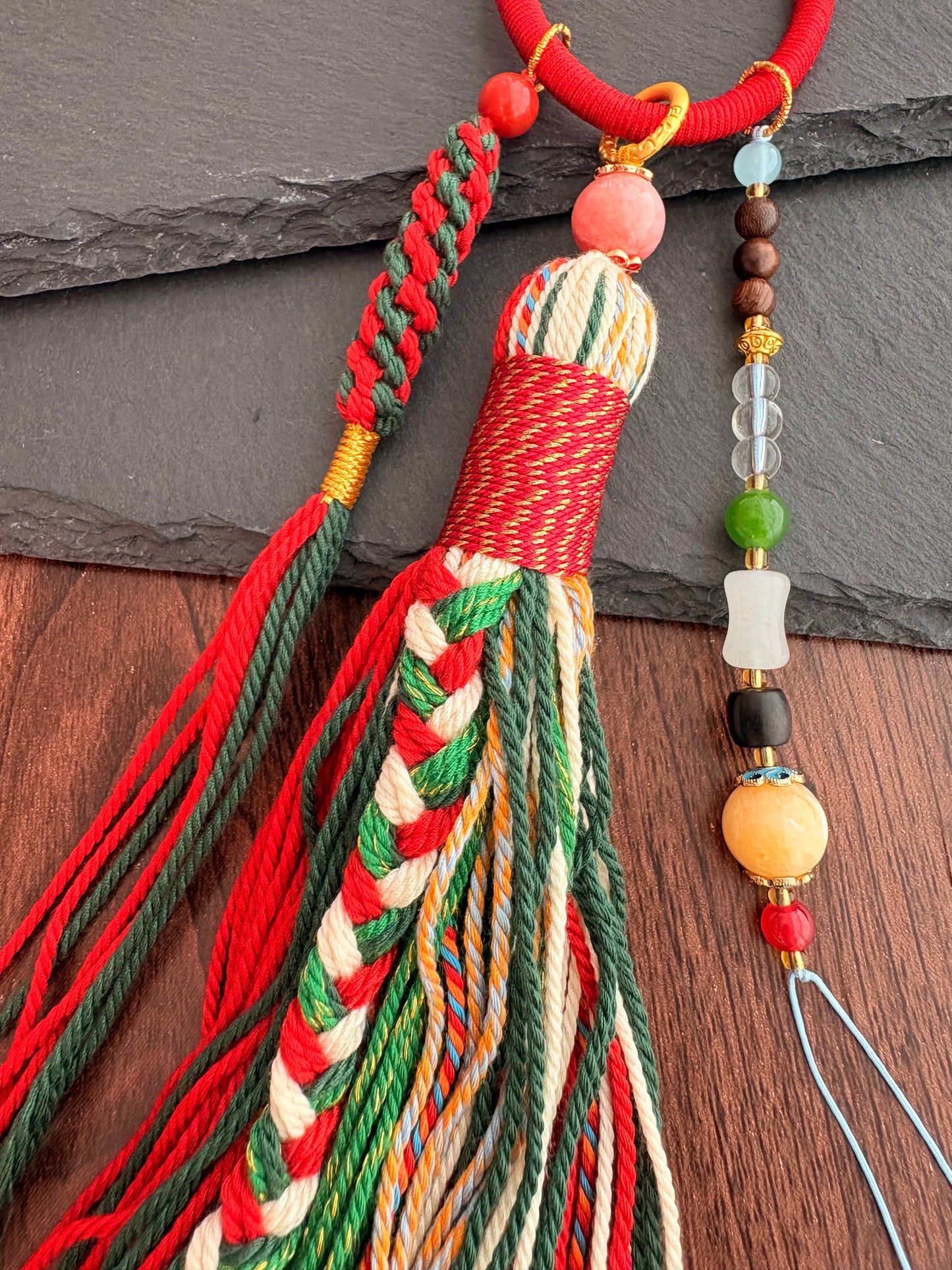 Amitabha Buddha Thangka Charm with jade Tassel in Tibetan Red and Green