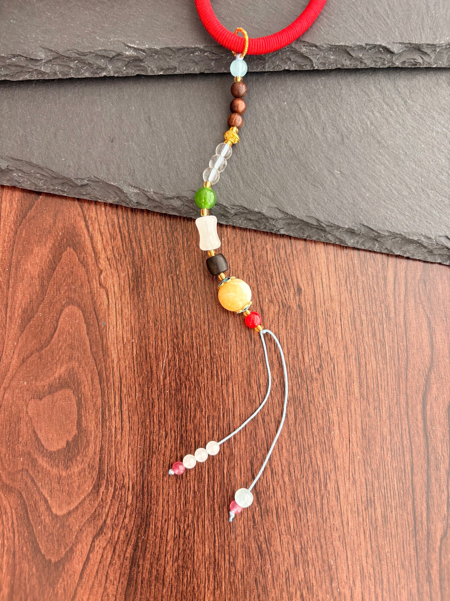 Amitabha Buddha Thangka Charm with jade Tassel in Tibetan Red and Green