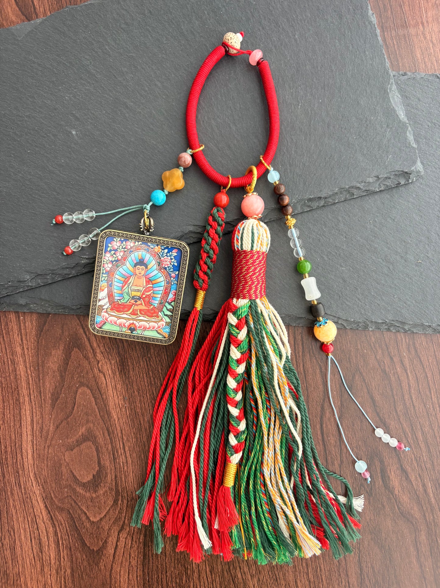 Amitabha Buddha Thangka Charm with jade Tassel in Tibetan Red and Green