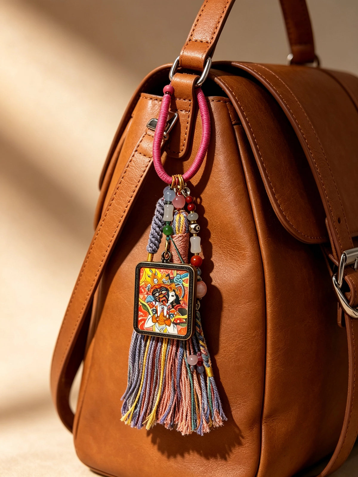 Zaki Lhamo Thangka Charm with Three-Eyed Dzi Bead Tassel in Tibetan Pink