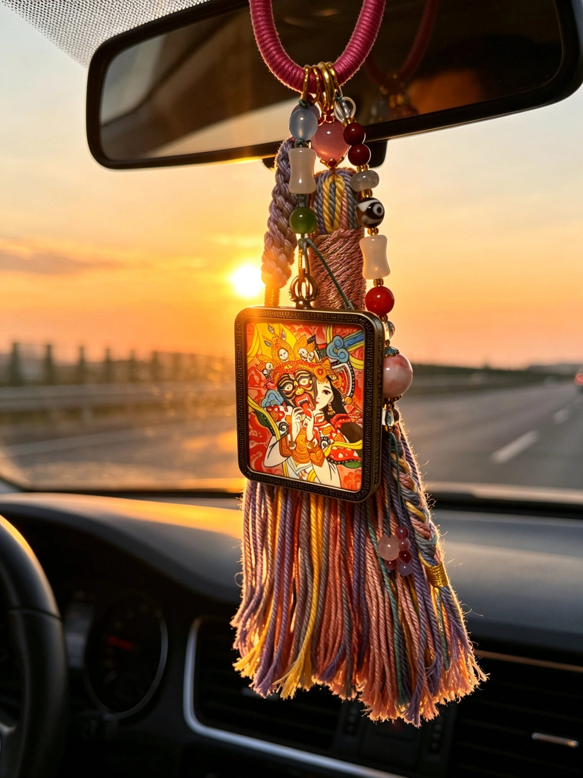 Zaki Lhamo Thangka Charm with Three-Eyed Dzi Bead Tassel in Tibetan Pink