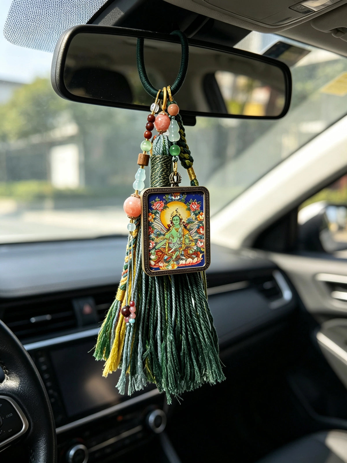 Green Tara Thangka Charm with jade Tassel in Tibetan Green