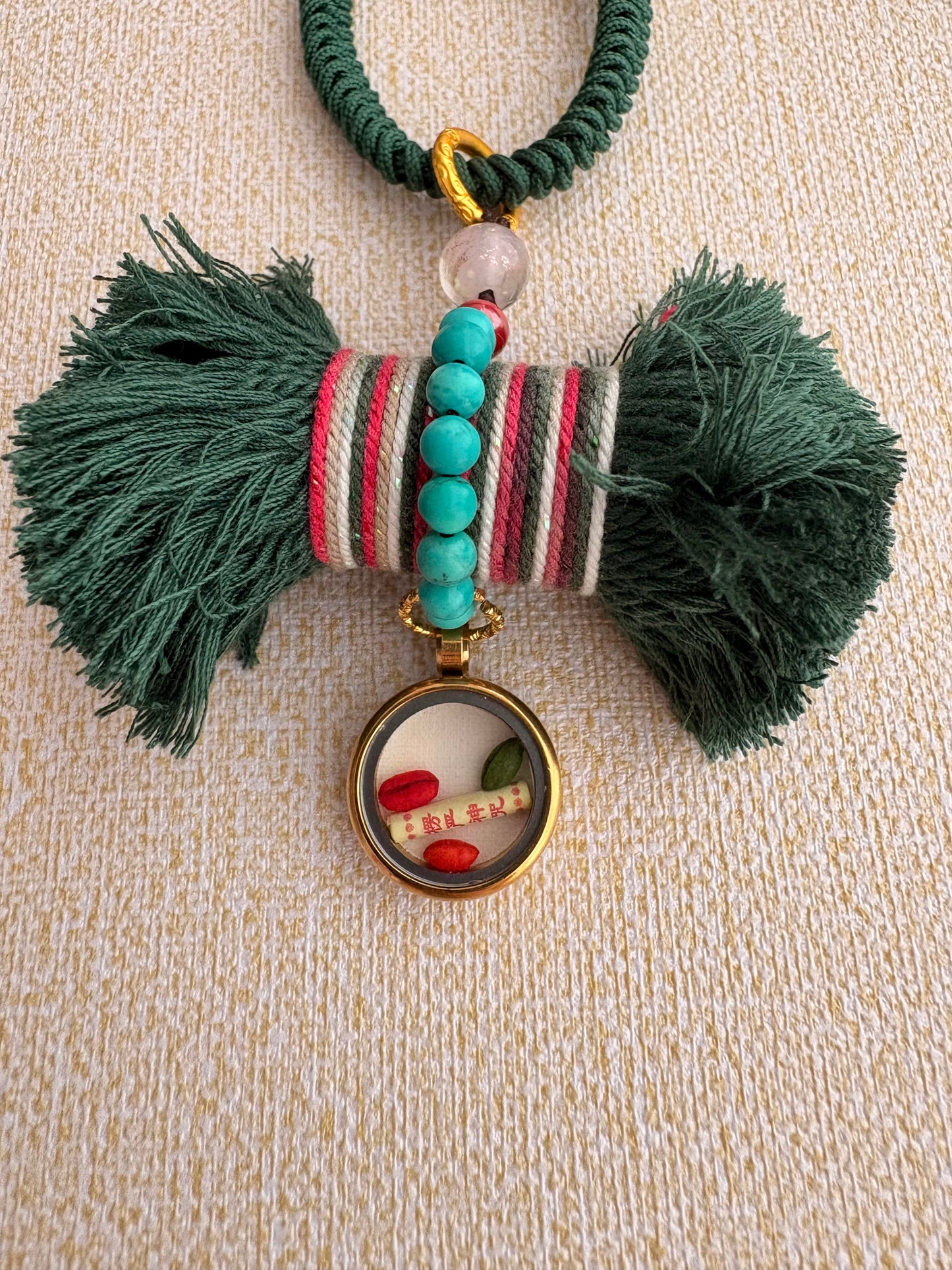 Damaru Charm with Green Tara Thangka in Tibetan Green