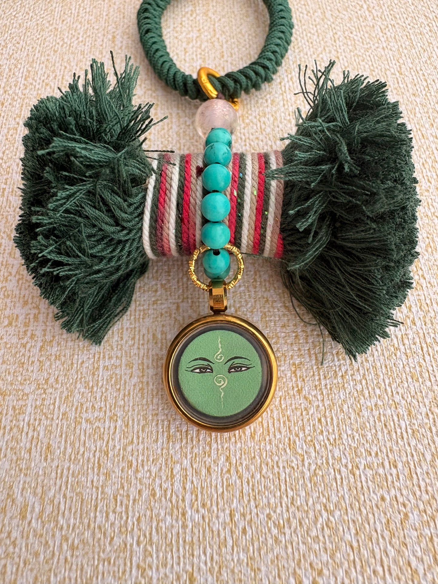 Damaru Charm with Green Tara Thangka in Tibetan Green