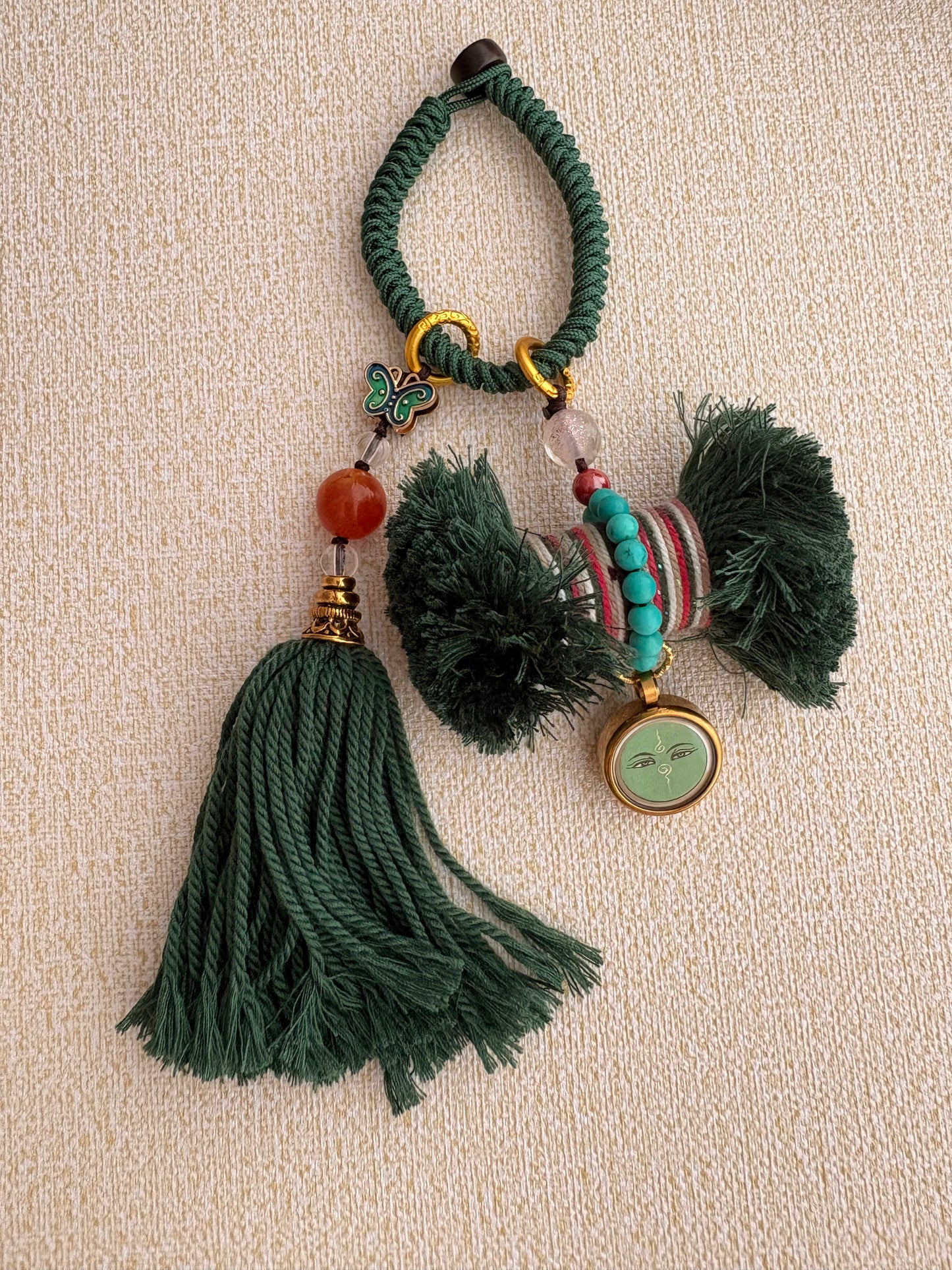 Damaru Charm with Green Tara Thangka in Tibetan Green