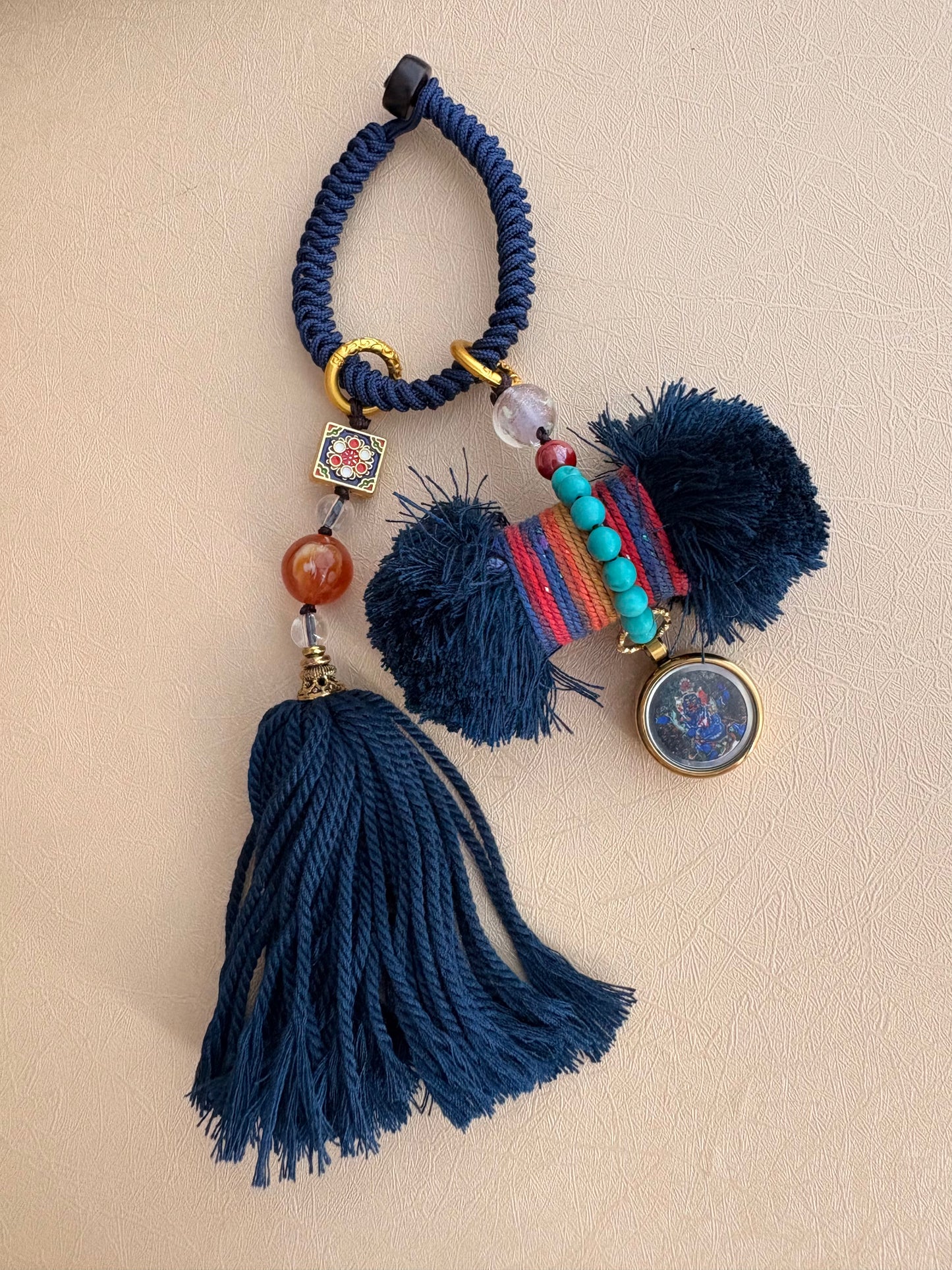 Damaru Charm with Mahakala Thangka in deep Tibetan Blue