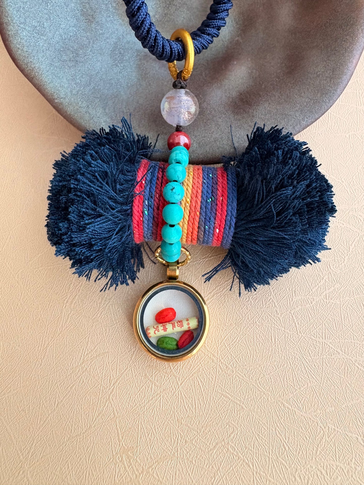 Damaru Charm with Mahakala Thangka in deep Tibetan Blue