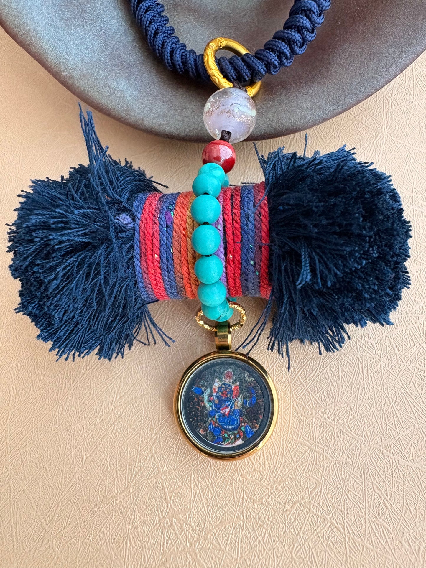 Damaru Charm with Mahakala Thangka in deep Tibetan Blue
