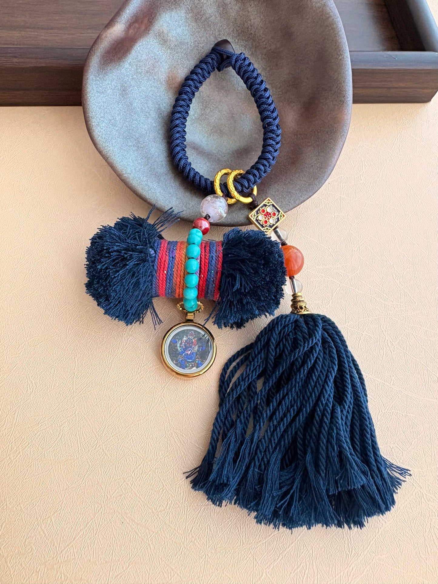 Damaru Charm with Mahakala Thangka in deep Tibetan Blue