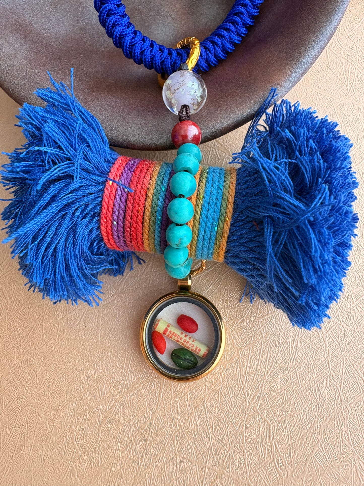 Damaru Charm with Mahakala Thangka in Tibetan Blue