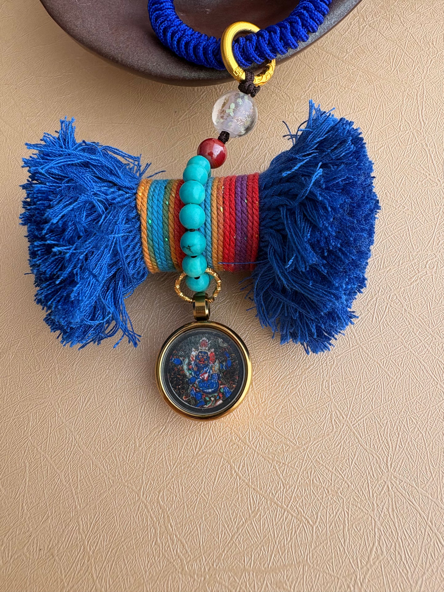 Damaru Charm with Mahakala Thangka in Tibetan Blue