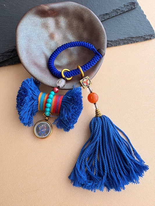 Damaru Charm with Mahakala Thangka in Tibetan Blue