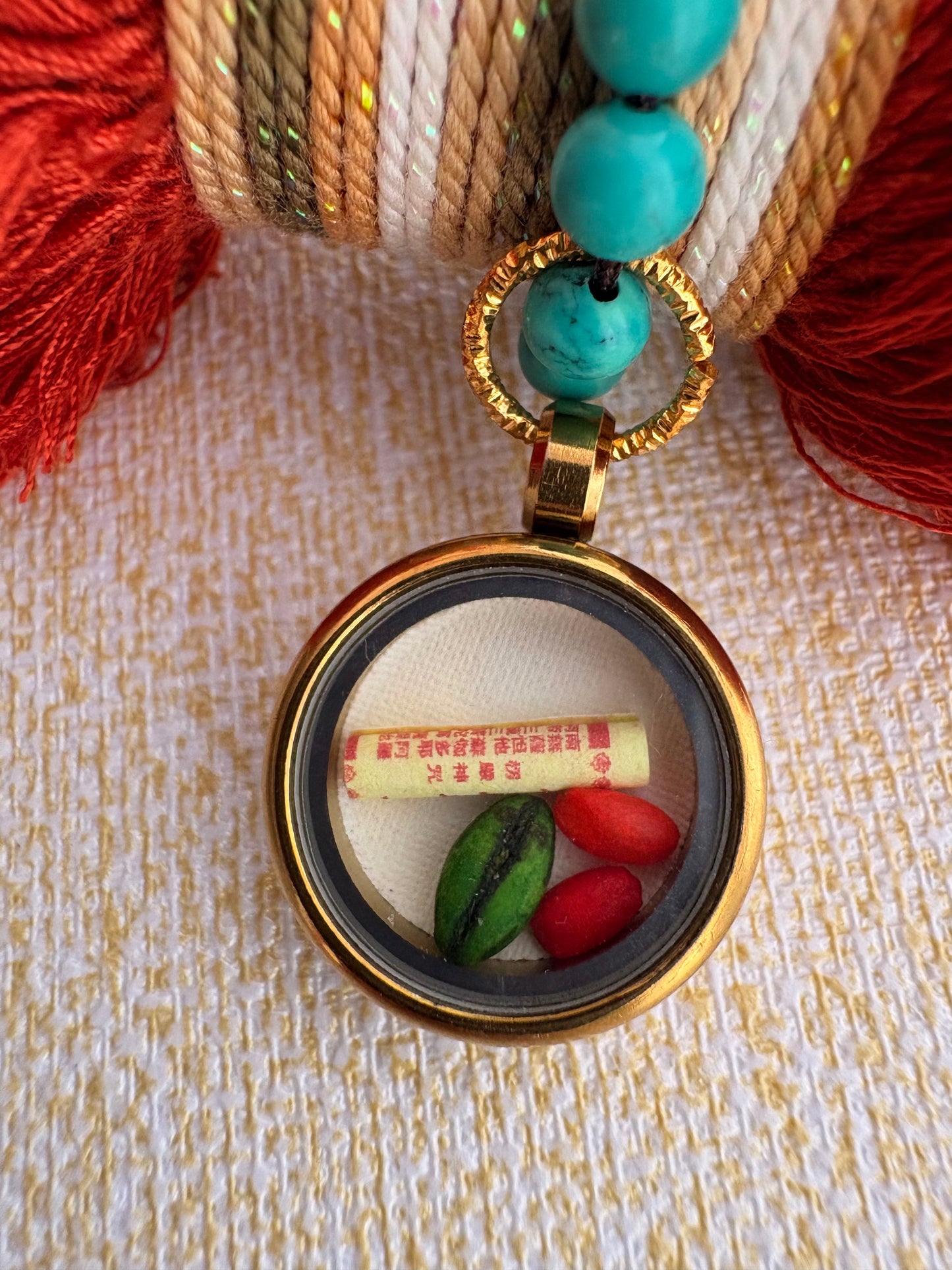 Damaru Charm with Mahakala Thangka in Tibetan Red