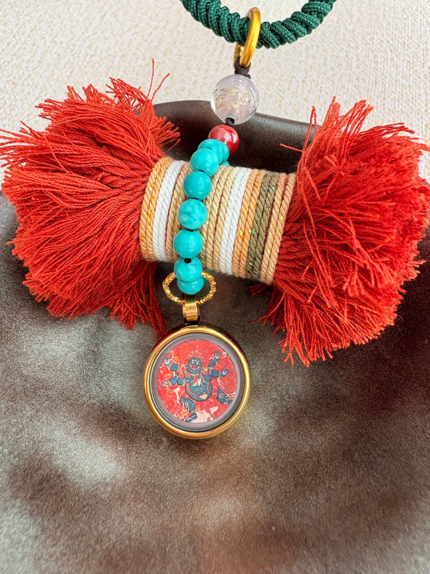 Damaru Charm with Mahakala Thangka in Tibetan Red