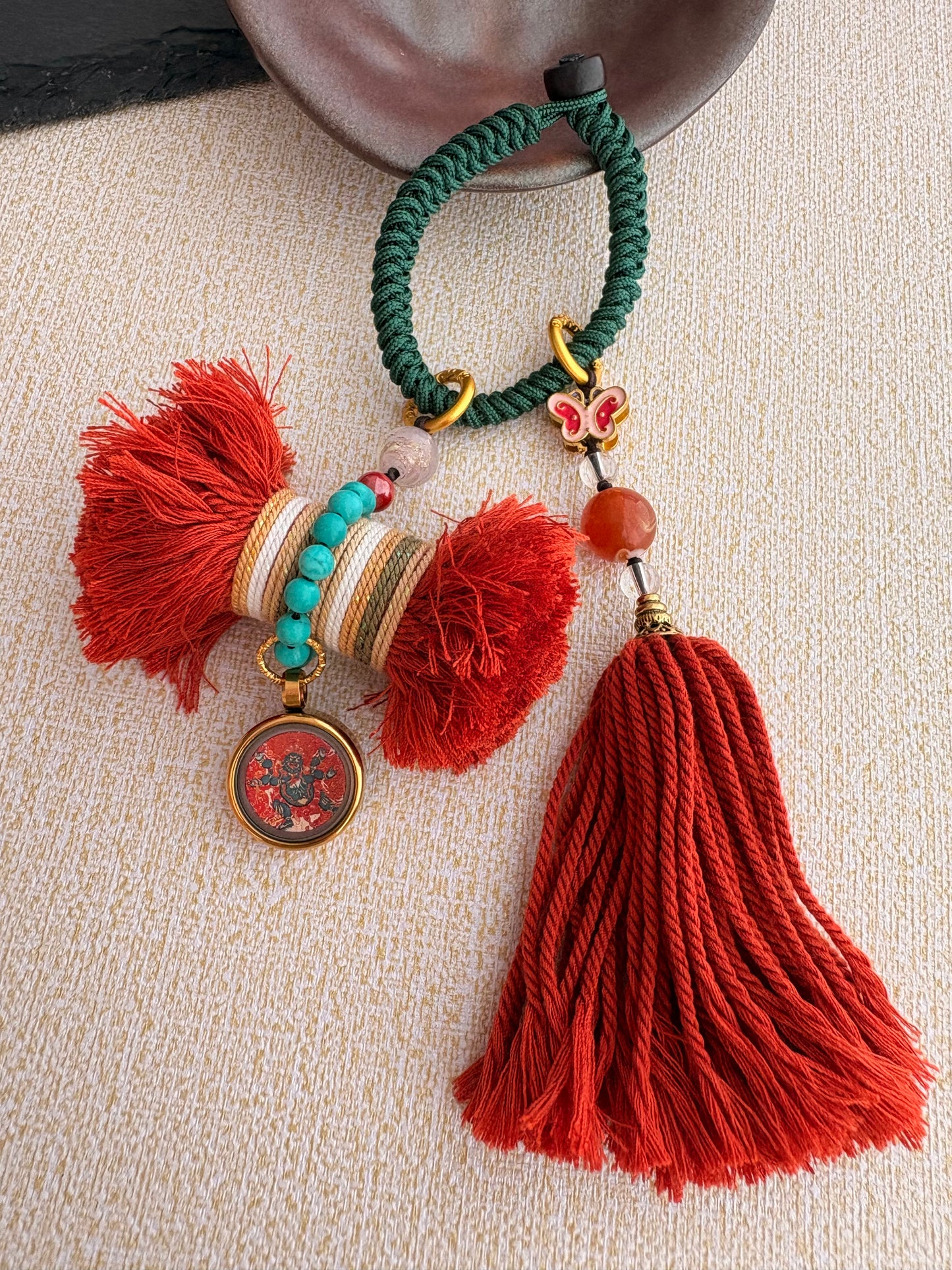 Damaru Charm with Mahakala Thangka in Tibetan Red