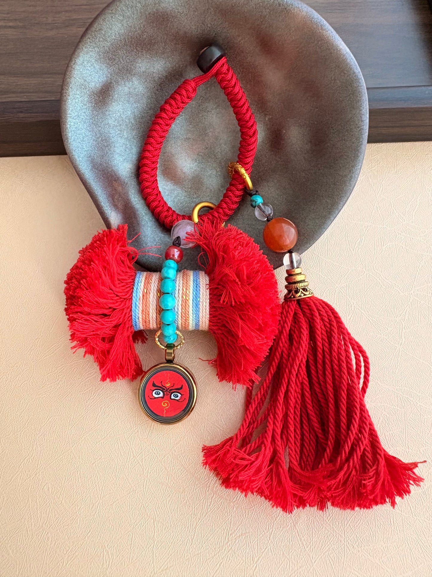 Damaru Charm with Red Jambhala in Tibetan Red