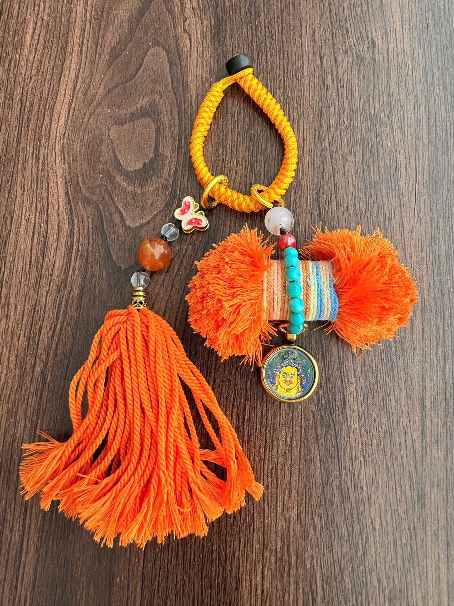 Damaru Charm with Yellow Jambhala Thangka in Tibetan Orange
