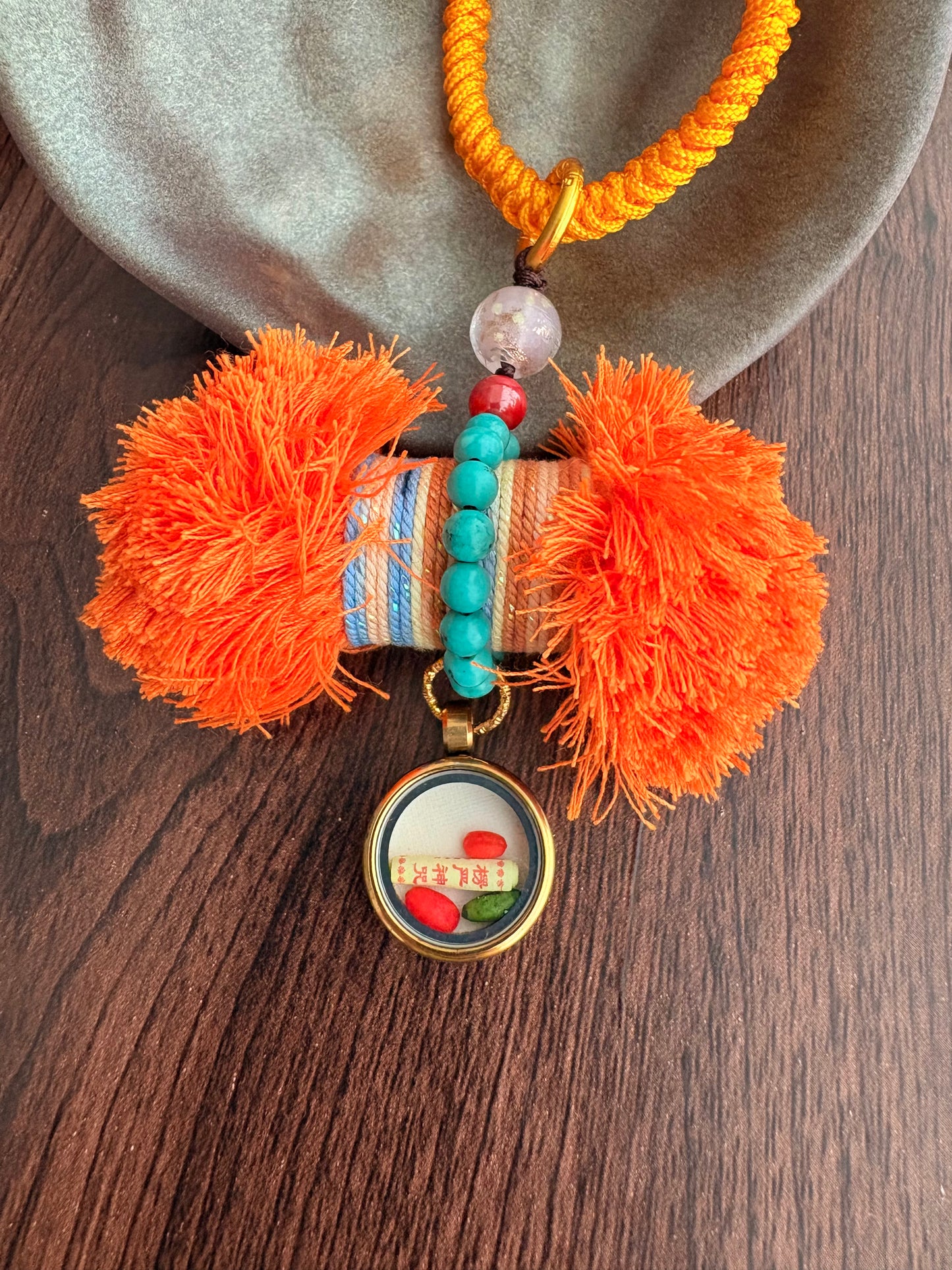 Damaru Charm with Yellow Jambhala Thangka in Tibetan Orange