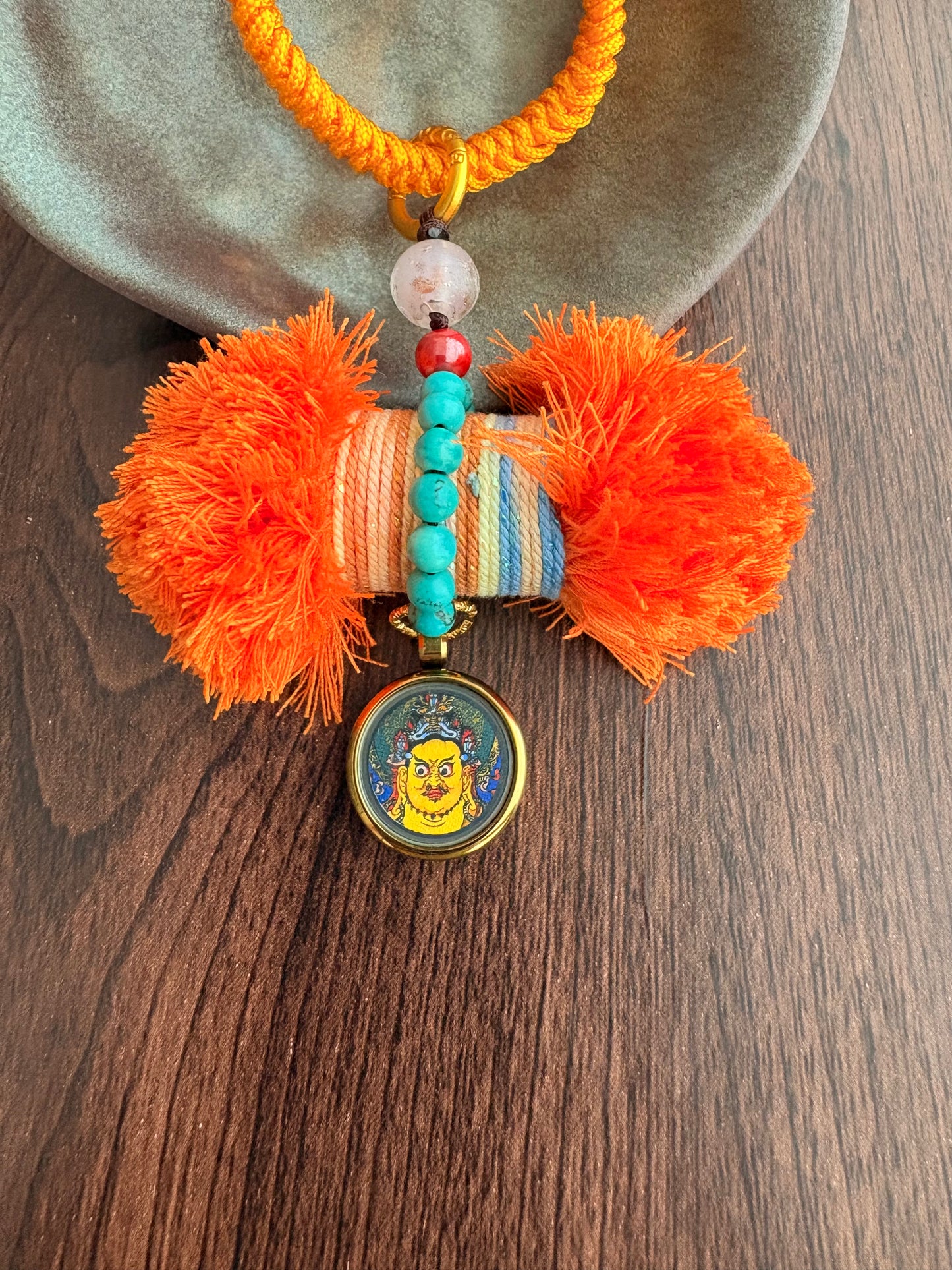 Damaru Charm with Yellow Jambhala Thangka in Tibetan Orange